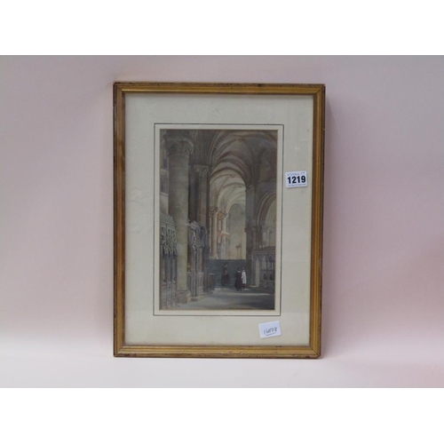 1219 - T.H CRAWFORD - CATHEDRAL INTERIOR, SIGNED WATERCOLOUR, F/G, 27CM X 17CM