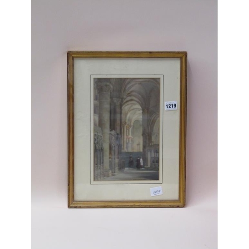 1219 - T.H CRAWFORD - CATHEDRAL INTERIOR, SIGNED WATERCOLOUR, F/G, 27CM X 17CM