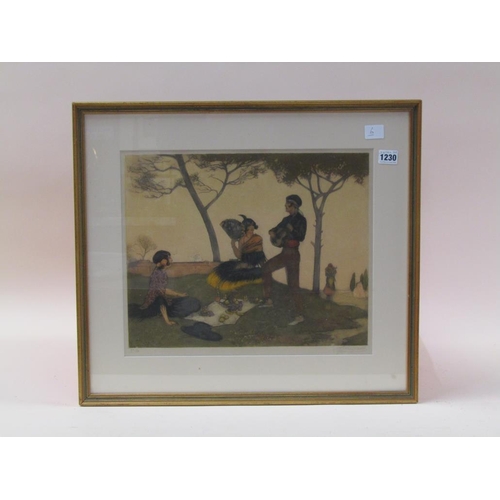 1230 - SIGNED INDISTINCTLY - EARLY 20C COLOURED PRINT, THE MANDOLIN PLAYER, F/G, 34CM X 40CM