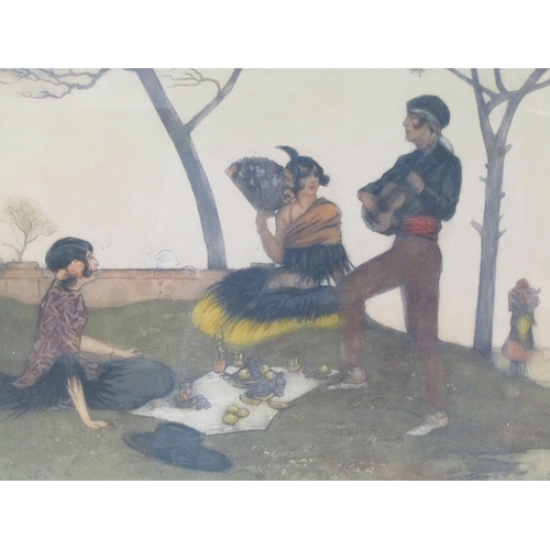 1230 - SIGNED INDISTINCTLY - EARLY 20C COLOURED PRINT, THE MANDOLIN PLAYER, F/G, 34CM X 40CM