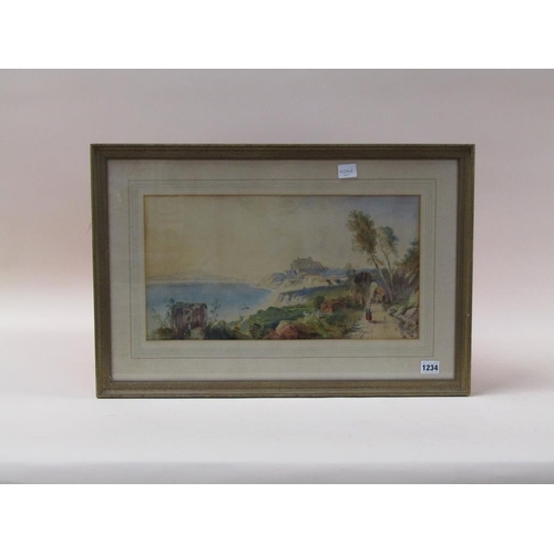 1234 - UNSIGNED 19C EUROPEAN COASTAL SCENE, WATERCOLOUR, F/G, 25CM X 46CM