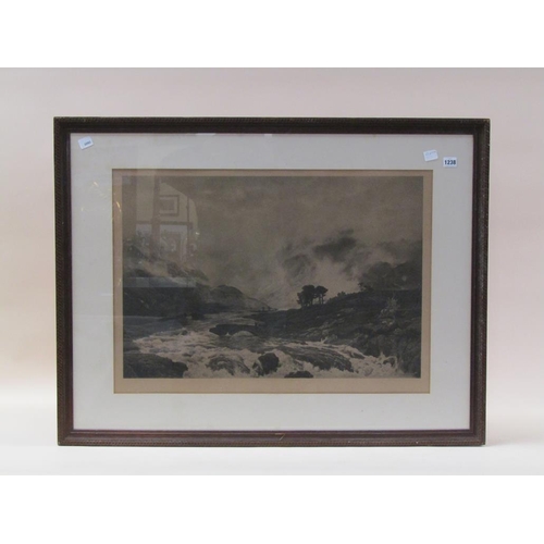 1238 - FRAMED B&W ENGRAVING - FAST FLOWING RIVER IN HIGHLANDS, F/G, 52CM X 77CM