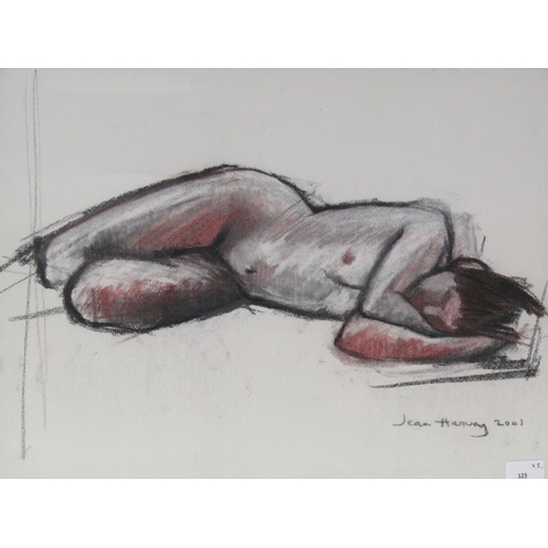 1239 - JEAN HARVEY - PAIR OF BLACK CHALK AND WATERCOLOUR HIGHLIGHTED FIGURES ON RECLINING NUDE FEMALE, F/G,... 