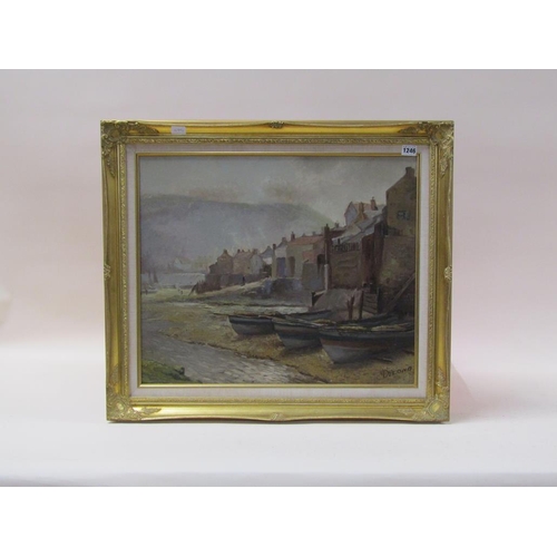 1246 - D LONG - ESTUARY VILLAGE LOW TIDE, MOORED BOATS, SIGNED OIL ON CANVAS, FRAMED, 49CM X 59CM