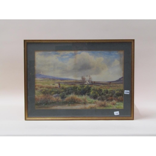 1249 - CLINTON JONES - LADY WITH HER DOG IN MOORLAND SETTING, SIGNED WATERCOLOUR, F/G, 37CM X 56CM