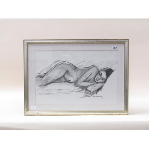 1259 - JEAN HARVEY - BLACK CHALK PORTRAIT OF A RECLINIG NUDE FEMALE, SIGNED, F/G, 38CM X 56CM