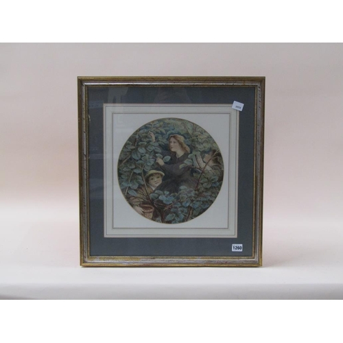 1260 - UNSIGNED 19C - TWO YOUNG BOYS WITH A LADY, WATERCOLOUR, CIRCULAR FRAMED, 31CM DIAM