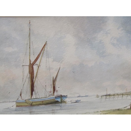 1267 - DES HARADINE - EAST ANGLIAN COASTAL SCENE, SIGNED WATERCOLOUR, F/G, 17CM X 37CM