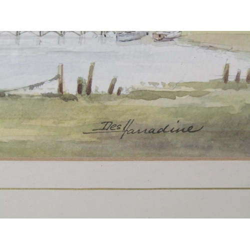 1267 - DES HARADINE - EAST ANGLIAN COASTAL SCENE, SIGNED WATERCOLOUR, F/G, 17CM X 37CM