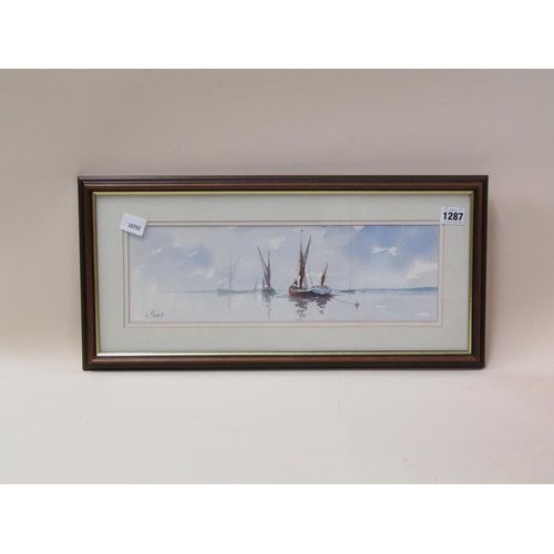 1287 - T MOORE - THE CALMED SAILING VESSELS, SIGNED WATERCOLOUR, F/G, 15CM X 40CM