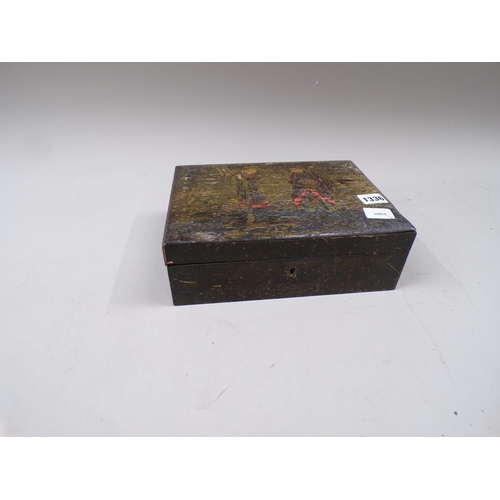 1336 - LATE 19C EBONISED AND CHINOISERIE DECORATED NEEDLEWORK BOX WITH FITTED INTERIOR, 27CM W