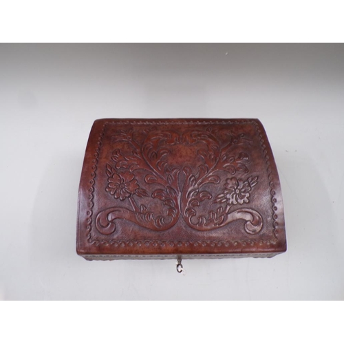 1338 - TOOLED LEATHER BOUND DOME TOP BOX, 27CM W