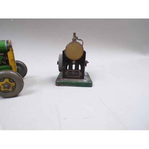 1359 - METTOY TIN PLATE TRACTOR AND A TRAILOR; SMALL MODEL MINOR STEAM FACTORY