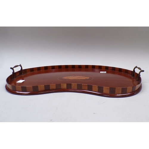 1380 - EDWARDIAN MARQUETRY INLAID TWO HANDLED TRAY, 59CM W