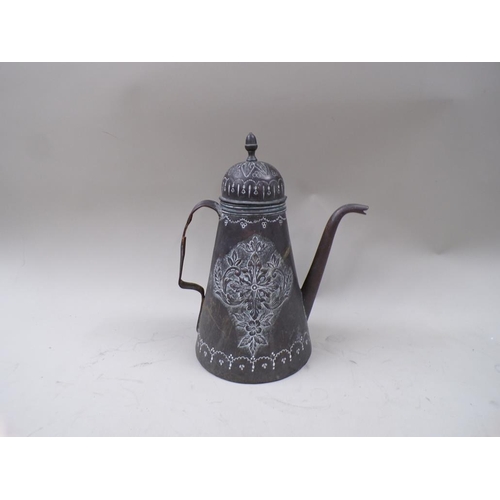 1417 - EMBOSSED DUTCH COPPER COFFEE POT, 36CM H