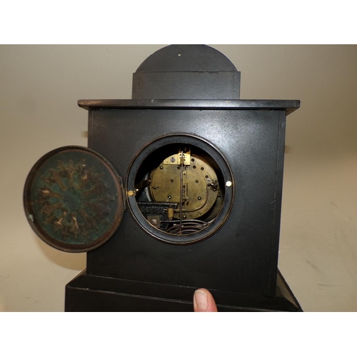 1443 - VICTORIAN SLATE AND MARBLE MANTEL CLOCK, 33CM H