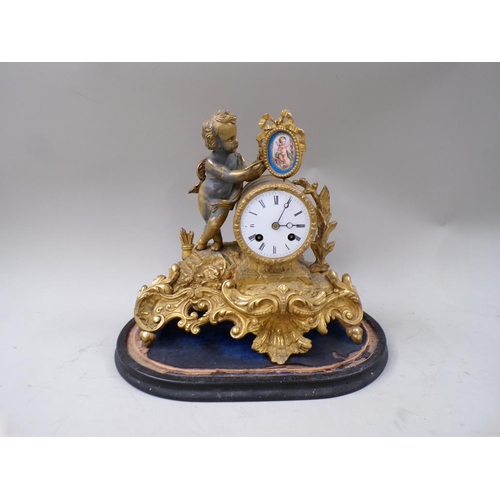 1450 - 19C FRENCH GILT MANTEL CLOCK WITH CHERUB MOUNT UNDER DOME, DOME 39CM H