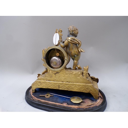 1450 - 19C FRENCH GILT MANTEL CLOCK WITH CHERUB MOUNT UNDER DOME, DOME 39CM H