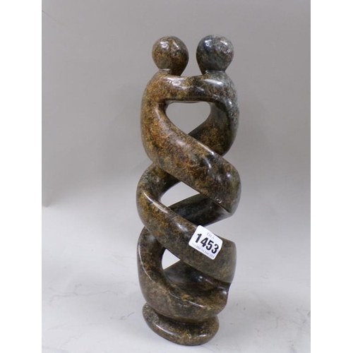 1453 - MODERNIST STYLE CARVED SOAPSTONE FIGURE GROUP, 35CM H