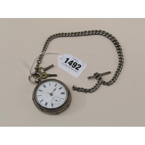 1492 - SILVER POCKET WATCH AND ALBERT CHAIN