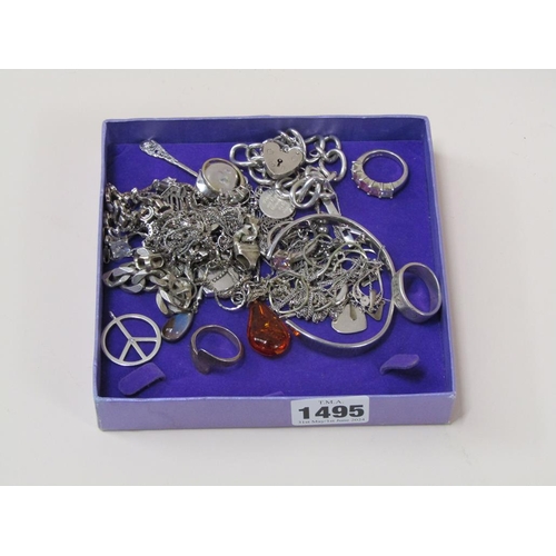 1495 - BOX OF SILVER JEWELLERY TO INC. BRACELETS, NECKLACES, RINGS