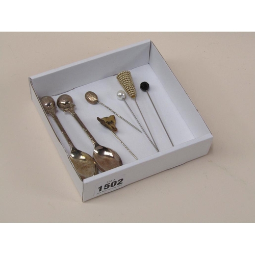 1502 - TWO SILVER PLATED SPOONS AND HAT PINS