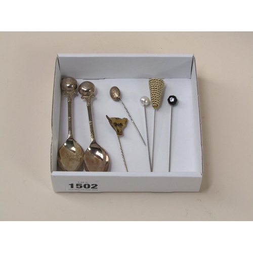 1502 - TWO SILVER PLATED SPOONS AND HAT PINS