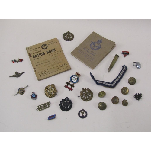 1506 - BOX OF MILITARY BADGES, BUTTONS AND EPHEMERA