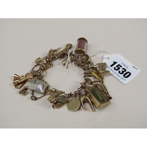 1530 - 9ct GOLD CHARM BRACELET - 44g TOTAL WEIGHT