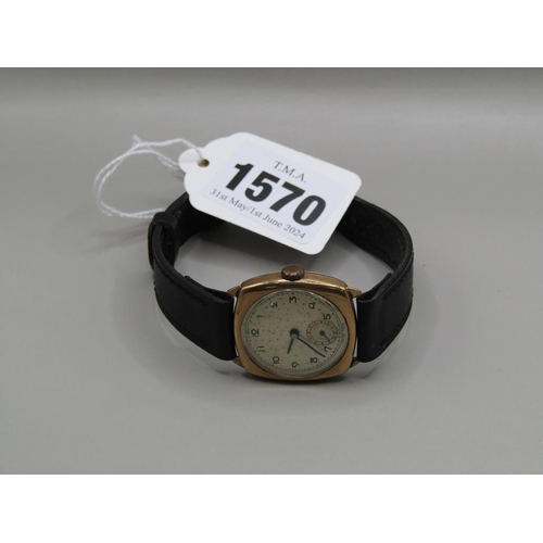 1570 - 9ct GOLD CASED WATCH ON BLACK LEATHER STRAP