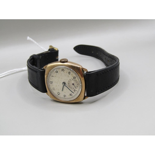 1570 - 9ct GOLD CASED WATCH ON BLACK LEATHER STRAP