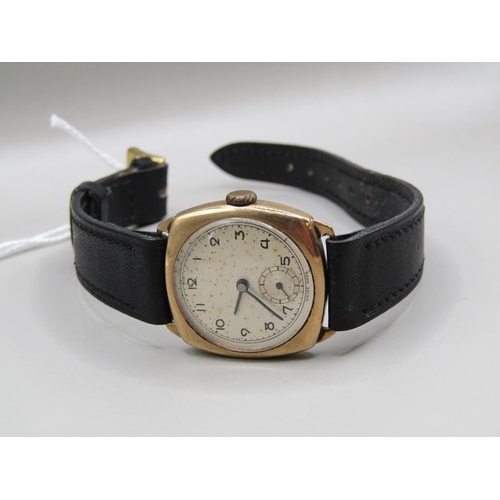 1570 - 9ct GOLD CASED WATCH ON BLACK LEATHER STRAP