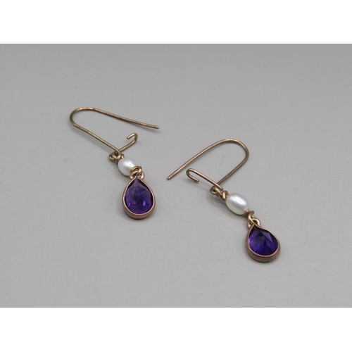 1600 - YELLOW GOLD AMETHYST SEED PEARL EARRINGS