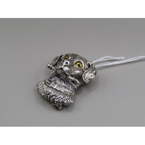 1608 - SILVER DOG PENDANT BROOCH WITH GLASS EYES