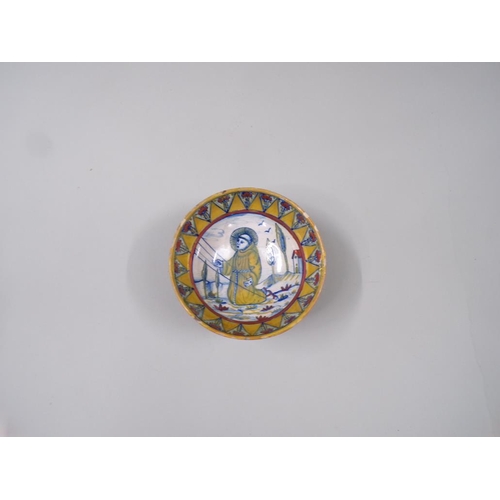 1729 - ITALIAN LUSTRE BOWL WITH A RELIGIOUS SCENE 12.5cms DIA