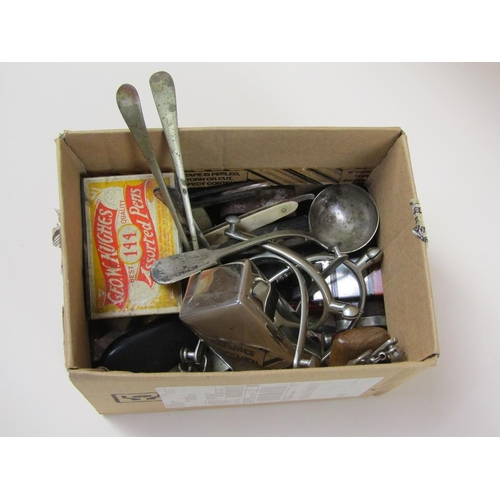 1628 - BOX; MISC TO INC. SILVER PLATE PLUS SPURS AND SHAVING EQUIPMENT, LIGHTERS ETC