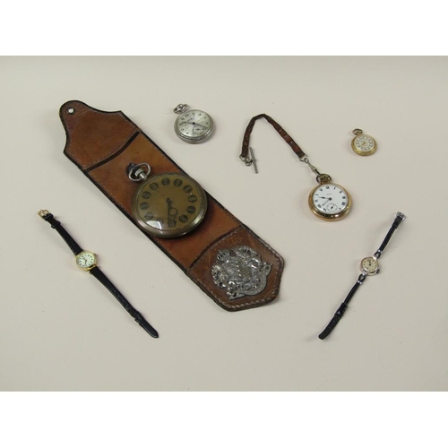 1637 - THREE POCKET WATCHES, TWO LADIES WATCHES AND A SCRAG OVERSIZED POCKET WATCH