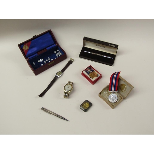 1644 - MILITARY MEDALS , WATCHES, PARKER PEN ETC.