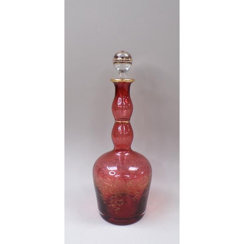 1800 - CRANBERRY AND GILDED DECANTER, 32CM H