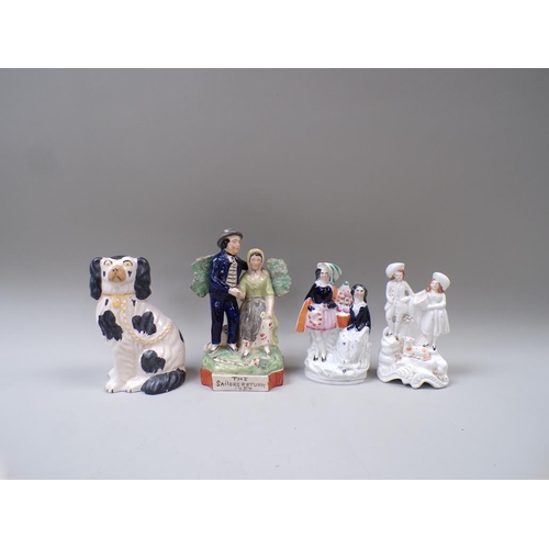 1810 - THREE VICTORIAN STAFFORDSHIRE FIGURE GROUPS AND A DOG, 19CM H