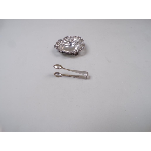 1665 - SMALL SILVER PIERCED DISH AND A PAIR OF SILVER SUGAR TONGS