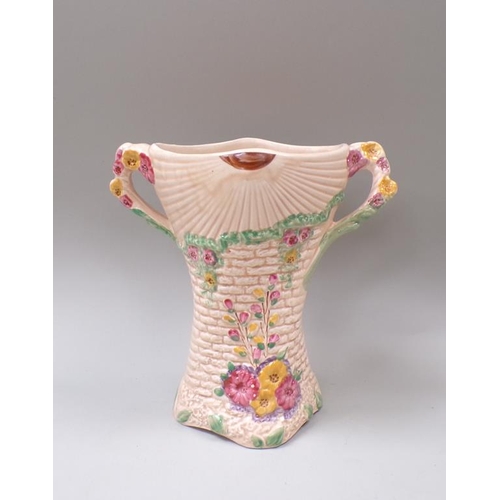 1822 - ARTHUR WOOD ART POTTERY TWO HADNLED VASE MOULDED IN RELIEF WITH FLOWERS, 24CM H