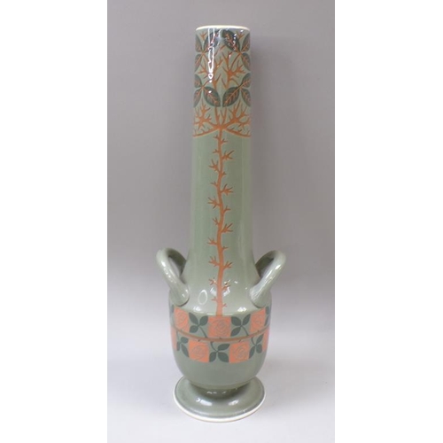 1828 - EUROPEAN ART POTTERY ART NOUVEAU STYLE TWO HANDLED VASE, 49CM H