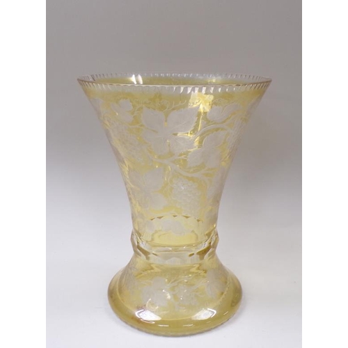 1830 - BOHEMIAN AMBER ENGRAVED VASE, A/F TO RIM, 26CM H