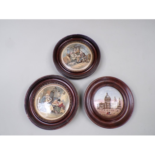1834 - THREE FRAMED PRATTWARE POT LIDS, FRAMES 16CM DIAM
