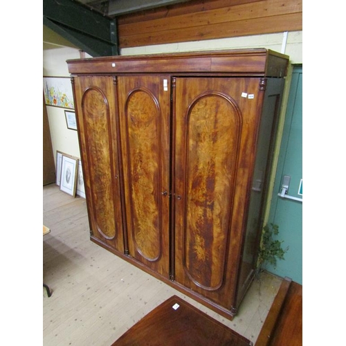 1838 - LARGE FLAME MAHOGANY TRIPLE WARDROBE - 92 x 210 cms