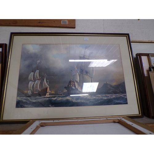 141 - FRAMED BATTLESHIP PRINT AND TERRY BURKE - SECRET COVE OIL