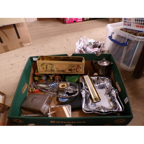 171 - MIXED METALWARE, SILVER PLATE, CLOCK, BAROMETER ETC.