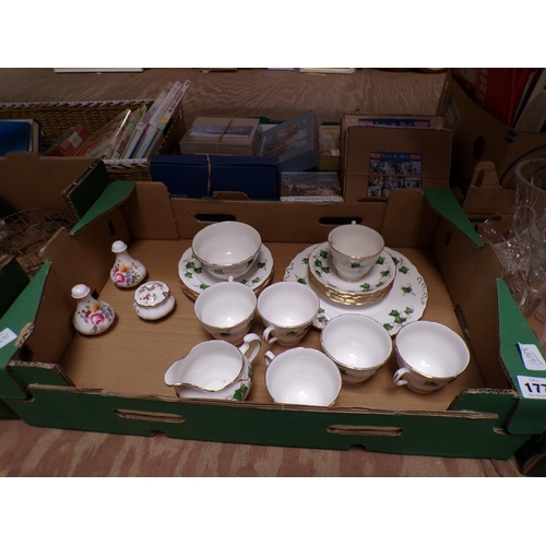 177 - BOX CONTAINING TEAWARES PLUS CRUET