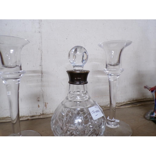 3 - CRYSTAL SCENT BOTTLE WITH SILVER RIM PLUS A PAIR OF CANDLESTICKS